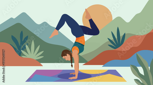 A woman performs a handstand yoga pose on a vibrant mat amidst a beautifully illustrated abstract landscape of mountains and hills, symbolizing balance and tranquility.