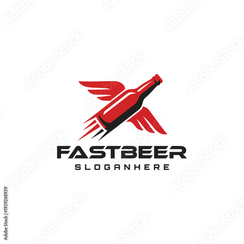 A modern logo design showcasing a bold red beer bottle with wings, symbolizing speed and freshness, perfect for branding a craft beer company or beverage startup.
