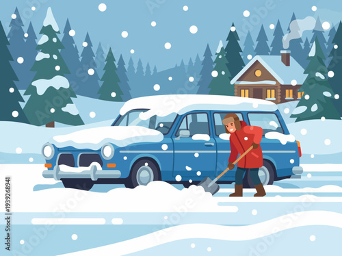 A snowy landscape depicts a person shoveling snow off a blue car surrounded by evergreen trees and a warm cabin in the background, reflecting the challenges of winter weather.