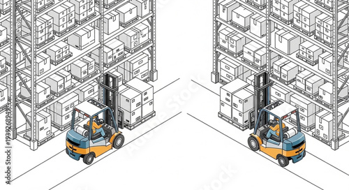 Warehouse forklifts transporting goods between storage racks in a distribution center.