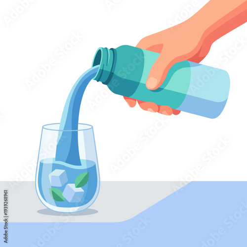 A hand elegantly pours a cool, refreshing blue liquid into a glass filled with ice cubes and mint leaves, evoking a sense of relaxation and hydration during warm days.