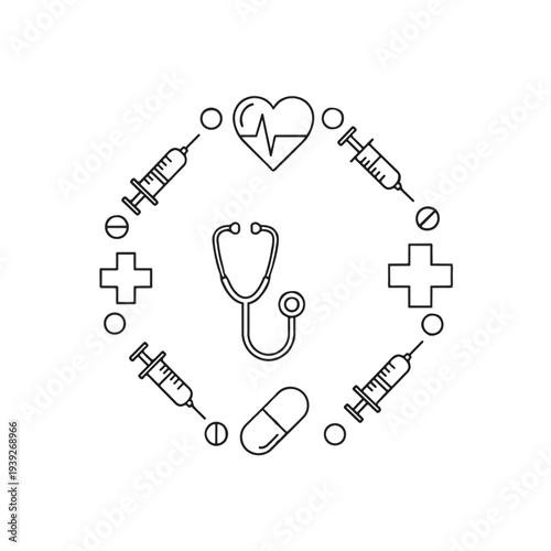 Set of 11 Medical and Healthcare Line Icons Vector with Stethoscope, Heartbeat, Syringes, Pills, and Plus Signs for Health and Wellness Design