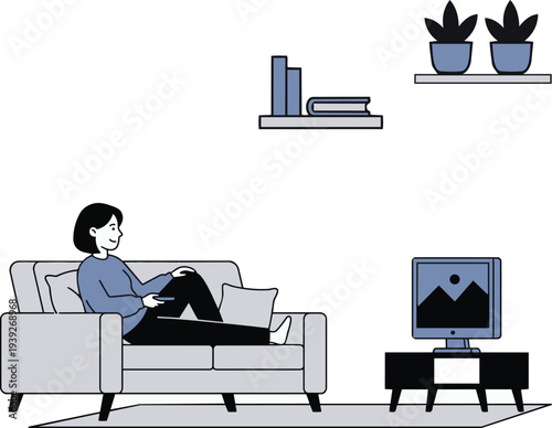 Person Watching Television Relaxing at Home Flat Vector Illustration Entertainment Leisure Lifestyle Concept