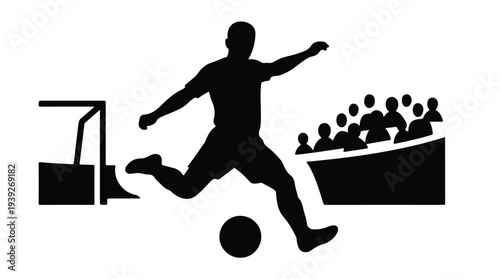 Soccer player silhouette kicking ball into a goal with stadium crowd