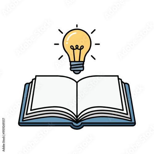Open book with blank pages and a glowing yellow light bulb above, symbolizing education, learning, and new ideas, in a simple vector illustration style.
