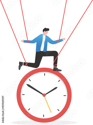 Businessman as Puppet Standing on Giant Clock