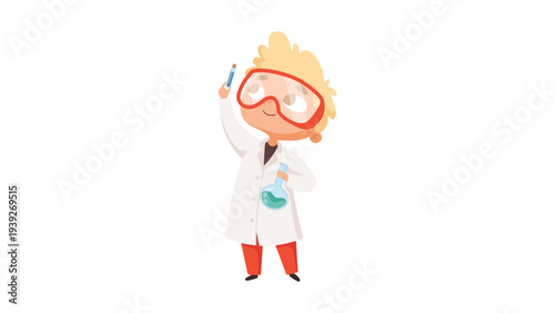 A playful cartoon scientist toy with goggles and a lab coat waving hello