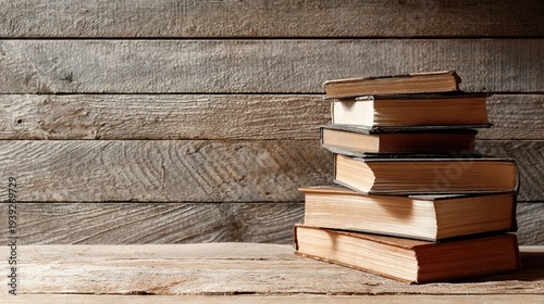 A collection of books is piled on a wooden table. The books have different sizes and colors, while the table has a rustic wood surface. The background features wooden planks
