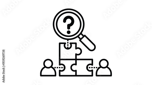 Magnifying glass inspecting puzzle pieces symbolizing team collaboration and problem-solving