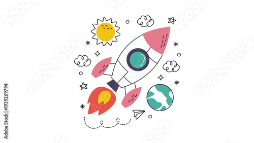 Colorful space exploration illustration with rockets, planets, and a sun