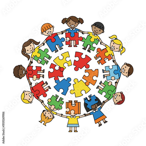 Diverse Group of Happy Children Holding Hands in a Circle Around Colorful Puzzle Pieces, Symbolizing Unity, Teamwork, and Inclusivity Vector Illustration