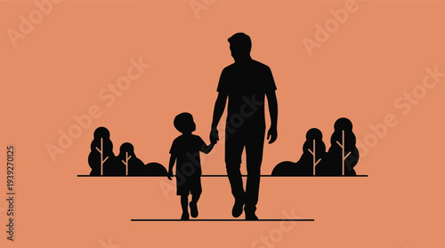 Father and son silhouettes walking hand in hand against an orange background