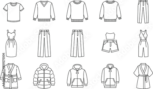 Outlined vector fashion clothing collection including t‑shirt, sweaters, trousers, dresses, coats, jackets, hoodies, robe, jumpsuit, crop top, minimal line art illustration