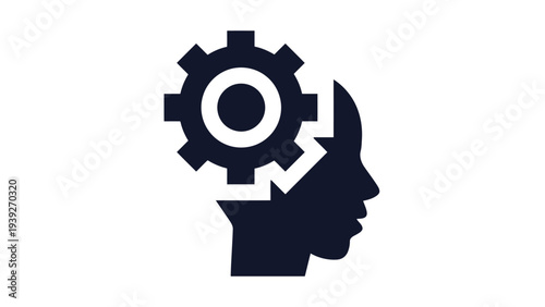 Illustration of a human head with a gear replacing the brain symbolizing creativity and innovation.