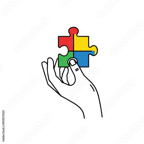 Hand holding a colorful four-piece jigsaw puzzle vector illustration, symbolizing problem-solving, teamwork, autism awareness, and collaboration in a simple line art style on a white background.