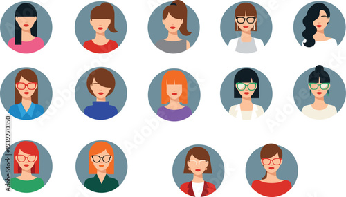  Female avatar icon set featuring diverse hairstyles, clothing, accessories, and expressions in circular frames, minimalist vector illustration for user profiles, social media, and digital character p