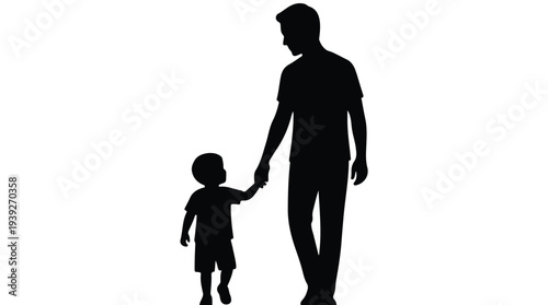 Silhouette of father and child walking hand in hand on white background