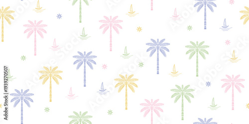 Hawaiian pattern print featuring palm trees and sailboats in pastel colors on a white background. Beach patterns, palm patterns that gives an airy feel for summer. coconut tree design. coconut leaf.