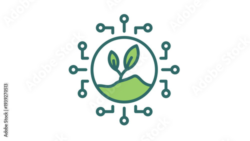 Sustainable technology network with a green plant symbolizing eco-friendly innovation