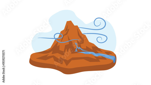 Illustration of a stylized volcanic island with flowing water and wind currents