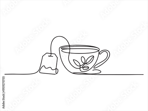 Tea cup with a tea bag continuous line drawing vector illustration. Continuous Line Drawing Tea Cup with Tea Bag Vector Illustration