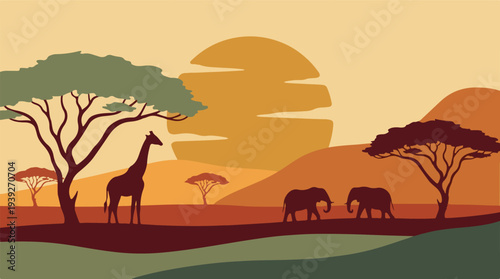 Minimalist African safari with giraffes, elephants, and acacia trees at sunset