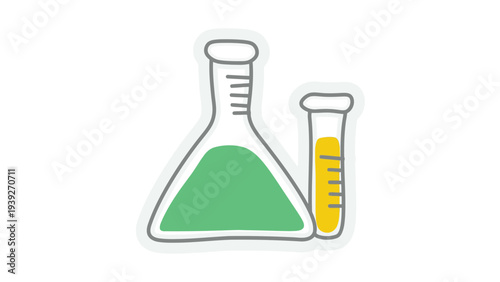 Laboratory glassware featuring a flask and a graduated cylinder filled with liquids