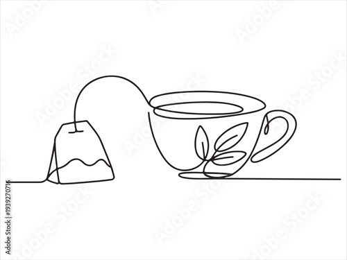 Tea cup with a tea bag continuous line drawing vector illustration. Continuous Line Drawing Tea Cup with Tea Bag Vector Illustration