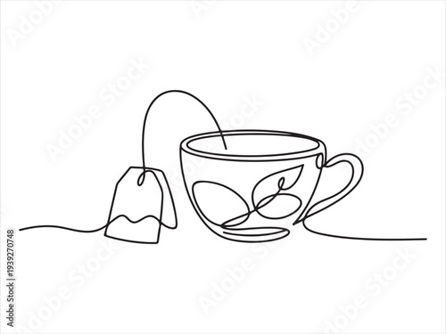 Tea cup with a tea bag continuous line drawing vector illustration. Continuous Line Drawing Tea Cup with Tea Bag Vector Illustration