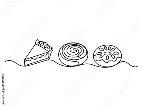 Continuous line drawing of various sweet desserts vector. Cake, Roll and Donut isolated on white background