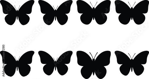 Eight striking black butterfly silhouettes isolated on a white background, providing diverse shapes for graphic design, nature, and artistic uses.