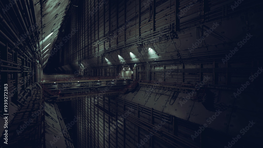 Fototapeta premium abandoned service tunnel with broken panels, scattered debris and corroded conduits, puddles reflecting flickering emergency lights, makeshift barricade