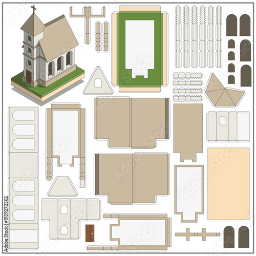 Church. A set for making a paper model. Isolated on white background. Vector illustration.