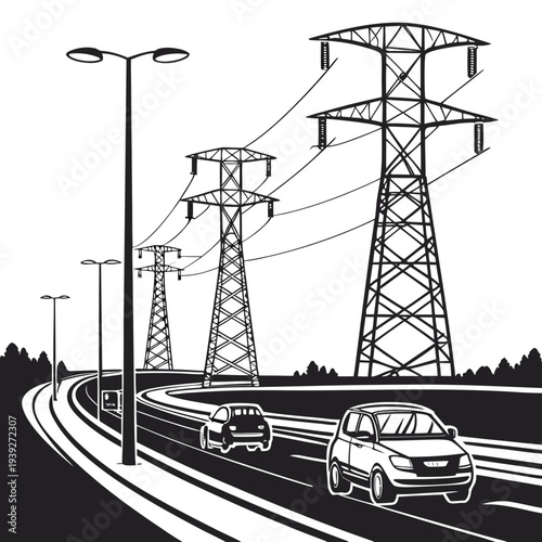 Black and white illustration of power lines and towers along a highway with cars driving on the road
