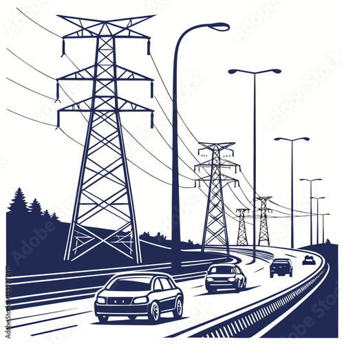 Electric power transmission towers and streetlights along a highway with cars driving on it