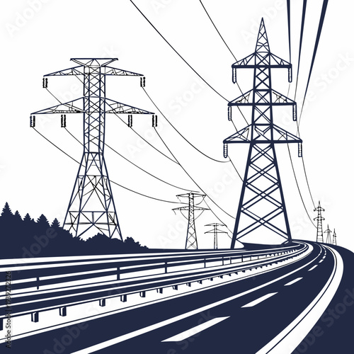 Vászonkép Electric power transmission towers along a winding road with power lines and tre