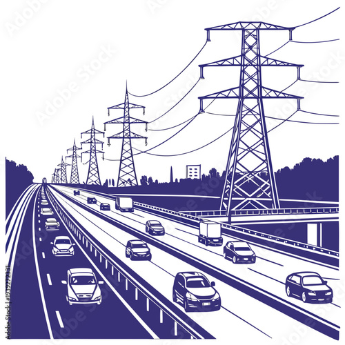 Electric power transmission towers along a busy highway with multiple lanes and moving vehicles