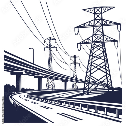 Electric power transmission towers and highway overpass with wires and road