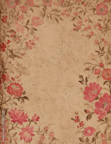 Vintage 1800s Floral Page Antique Distressed Paper Background