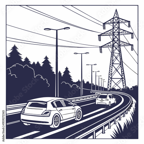 Illustration of cars driving on a road with power lines and trees in the background in a city