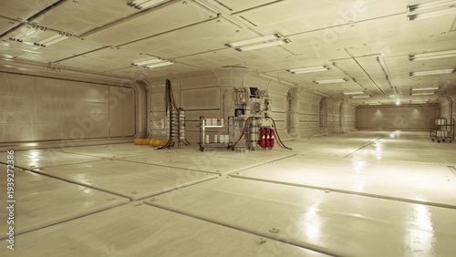 Bilde på lerret bright sterilized corridor with safety gear and fire cans, emergency preparednes