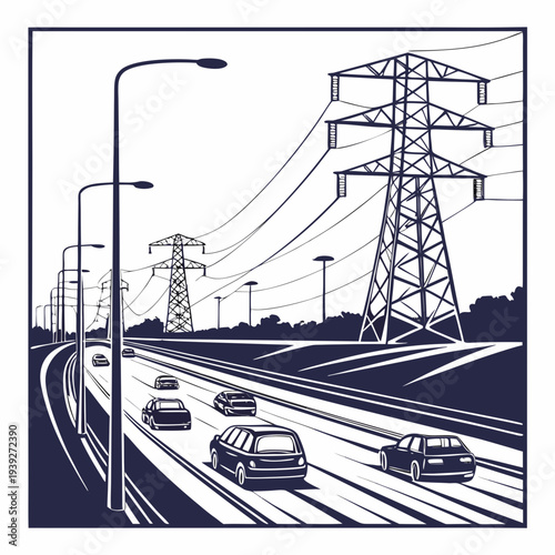 Illustration of a busy highway with power lines and streetlights on a with cars