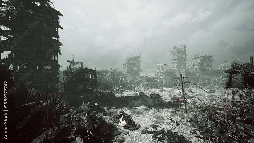 Αυτοκόλλητο overcast ruined city street with burnt towers and scattered debris, scorched sur