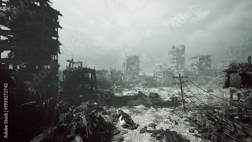 overcast ruined city street with burnt towers and scattered debris, scorched surfaces and smoke traces, documentary mood capturing memory and ruin