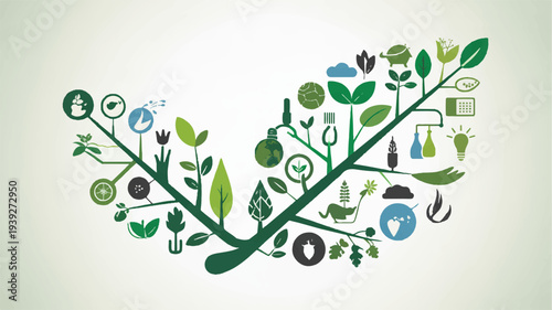 Eco friendly network concept with abstract leafy branch and various icons representing sustainable living and environmental conservation on a light green background