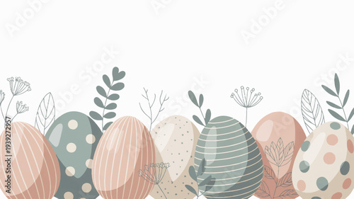 Easter eggs in pastel colors with floral patterns and leaves on white background for spring decoration
