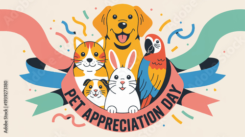 Vibrant flat vector illustration of pets celebrating pet appreciation day with dog cat rabbits and parrot surrounded by colorful ribbons and confetti on beige background