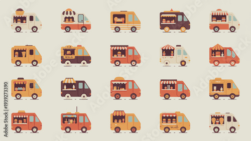 A collection of colorful minimal vector camper vans and buses in orange brown and beige on a neutral background