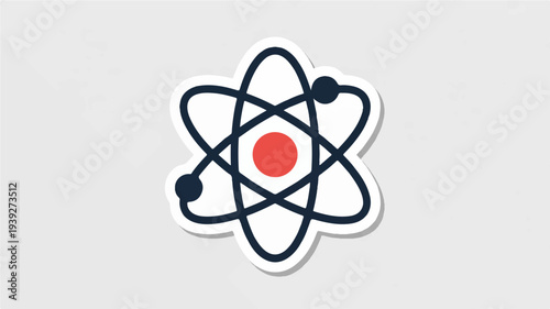Flat vector sticker design of an atom symbol with black orbits and red nucleus on gray background