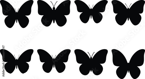 Eight distinct black butterfly silhouettes presented on a clean white background, perfect for graphic design projects needing naturalistic insect imagery.